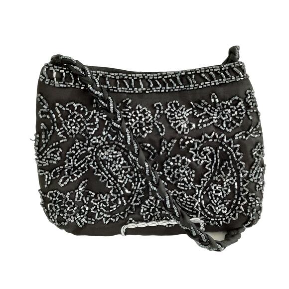 Vintage 80s Black Beaded Micro Crossbody Union Made Snap Closure Evening Wear - Picture 1 of 13